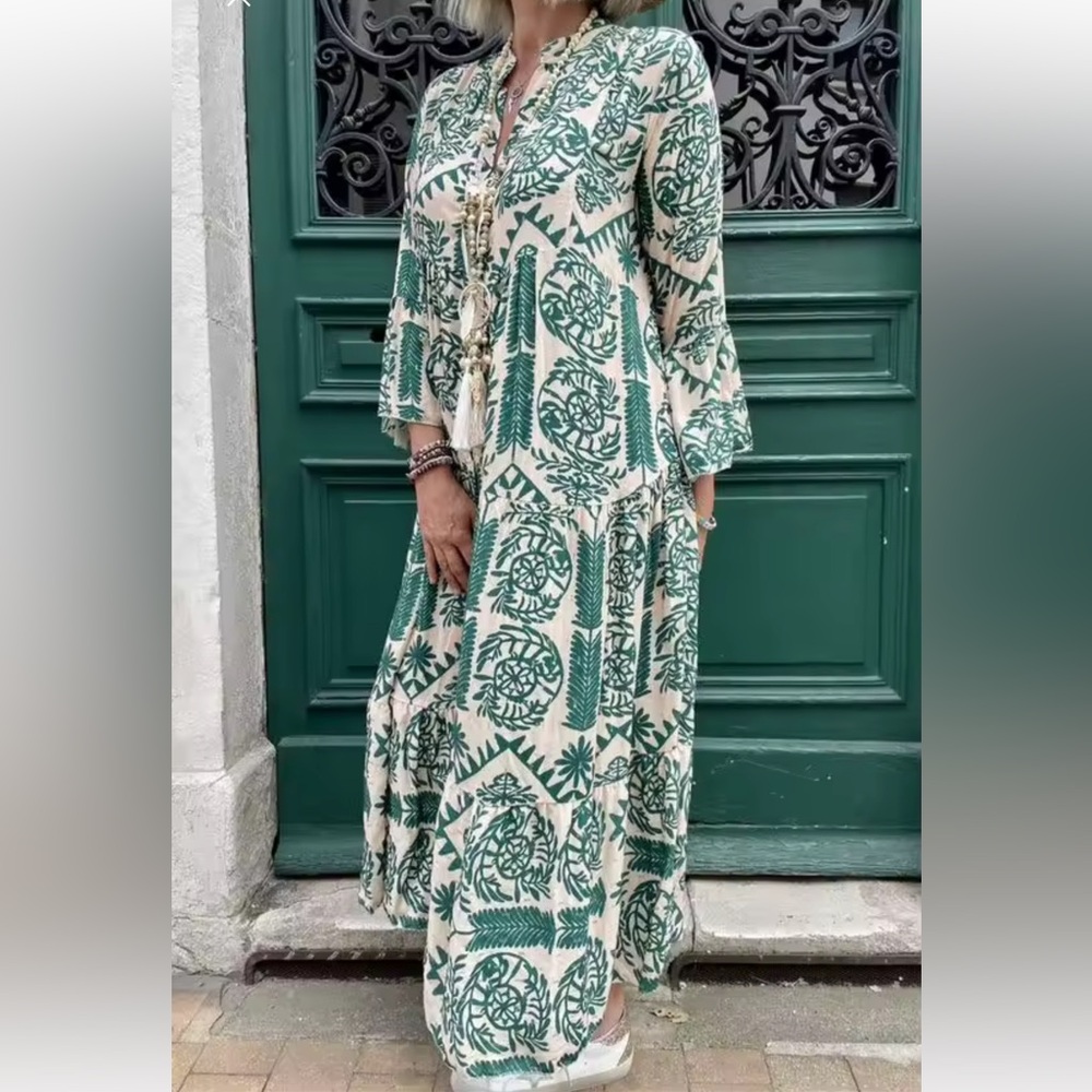 MADE IN ITALY Green and Cream Maxi Dress